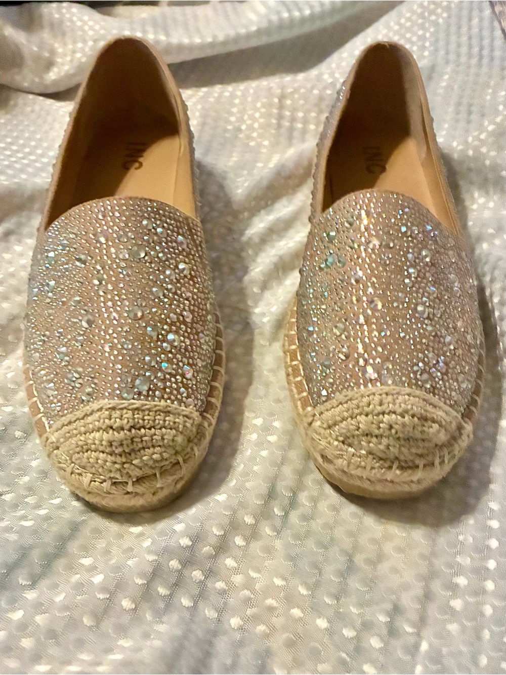 INC International Concepts Taupe Rhinestone Espadrilles, Size 9
